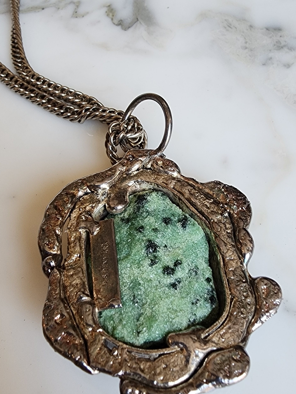 Vintage Dansk Smykkekunst D.S. Denmark Brutalist Green Stone Necklace - Picture 10 of 14